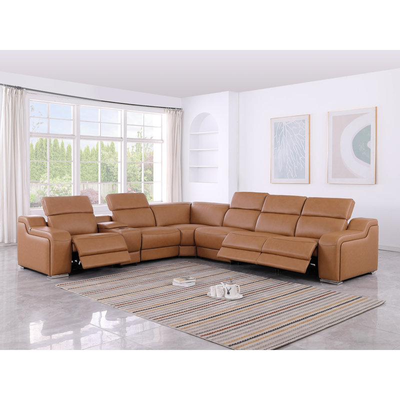 Canapé modulaire inclinable électrique en cuir italien 7 pièces Tahari, Cuir véritable cognac