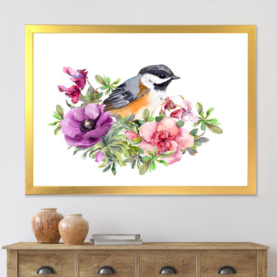 Oiseau mignon en fleurs roses et mauves - peinture sur toile