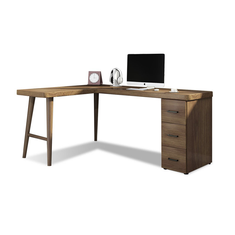 Bureau double caisson en L en bois massif avec 3 tiroirs, H 29,53 po x l 55,12 po x P 39,37 po, Retour à gauche
