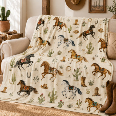 Couverture en flanelle de style cheval de selle Western avec motif désert, bottes de cactus Cowboy et jeté en fer à cheval pour canapé, lit, chambre de ranch et utilisation de voyage
