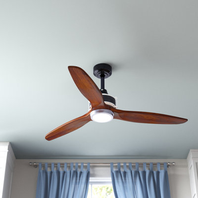 Ballog 52 in. Matte Black and Brushed Silver Indoor Outdoor Rod Mount Industrial Ceiling Fan with Wooden Walnut Blades, Dimmable Integrated LED Light Kit and Remote Control Included, 3 Speeds