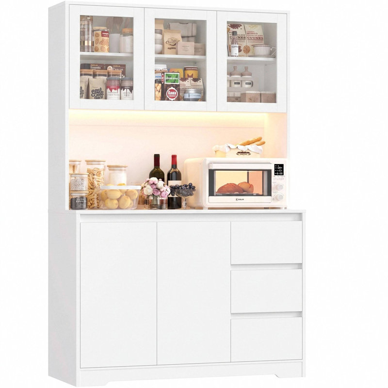 Satavia 70.9'' Kitchen Pantry with LED Lights and Charging Station, Microwave Shelf, White