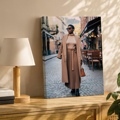 Canvas A Stylish Woman Stands Confidently On A Cobblestone Street Exuding Wall Art Sophistication In A Chic Monochromatic Outfit She Canvas Wall Art