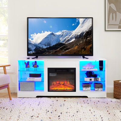 Meuble télé avec chauffage électrique, flamme à luminosité réglable, chargement, blanc, pour téléviseurs de 32 à 62 pouces, 147 cm (l) x 39 cm (p) x 62 cm (h), foyer, 147 cm (l), compatible avec changement automatique de couleur de la flamme, placards de rangement