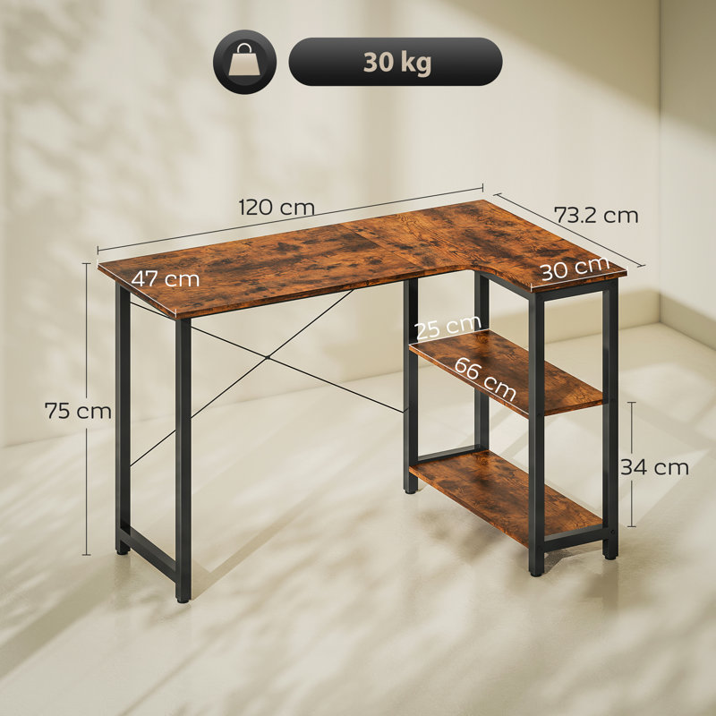 HOMCOM L Shaped Desk with Bookshelf Home Office 120x73.2x75cm Rustic Brown