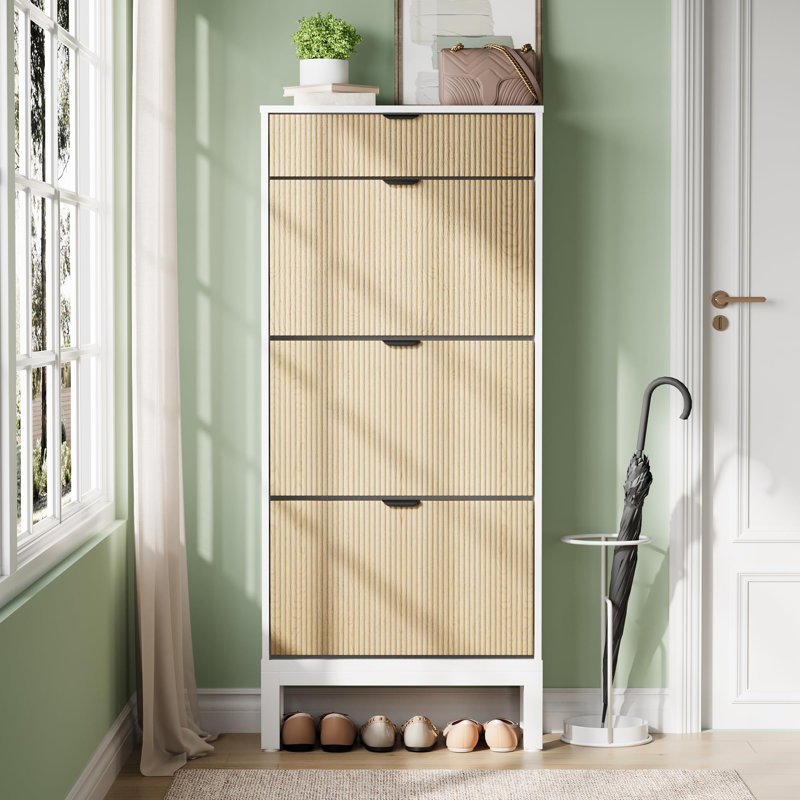 Fluted Shoe Cabinet with 3 Flip Doors & Drawer, Slim Hidden Shoe Storage with Iron Legs for Entryway, White & Oak