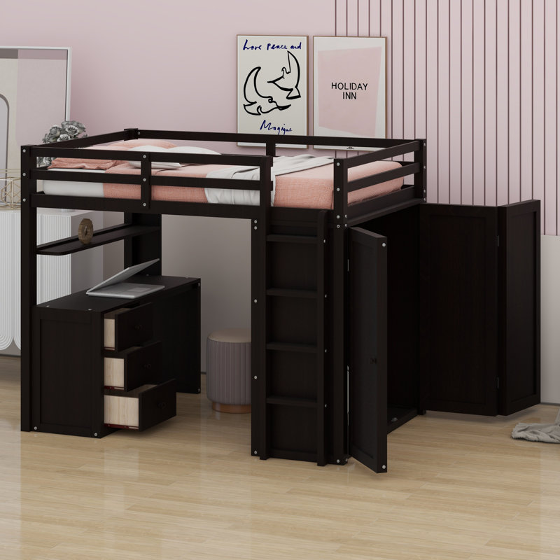 Lit mezzanine avec tiroirs, bureau et garde-robe, Espresso