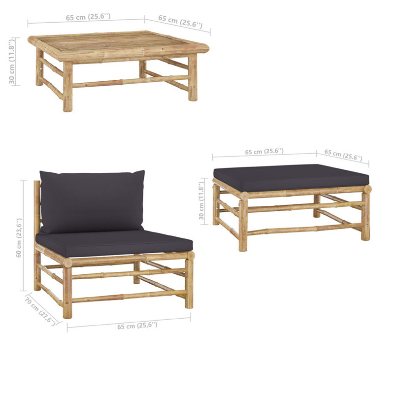 Ensemble de salon modulaire d'extérieur 3 pièces, table et repose-pieds, bambou, gris foncé