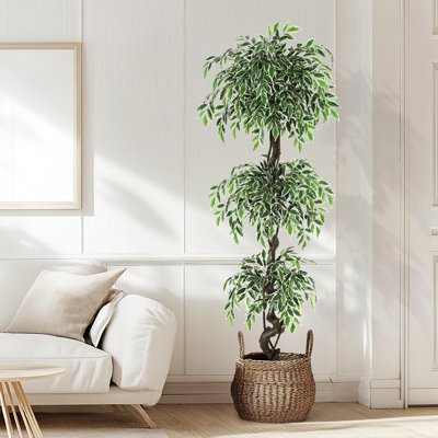 Arbre à ficus artificiel ultra-réaliste de 6 pi - 1 100 feuilles de soie, pot de fleurs en imitation blanche, mousse verte et galets, plante artificielle haute pour la maison, le bureau et le salon - Taille: 180 cm