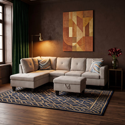 Upholstered Reversible Sectional Sofa with Storage Ottoman