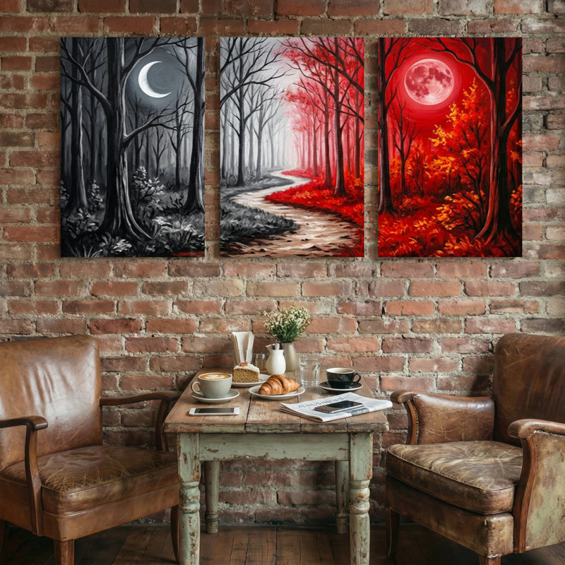 Paysage et nature, chemin d'automne éclairé par la lune, scène d'automne rouge, H 18 po x l 36 po