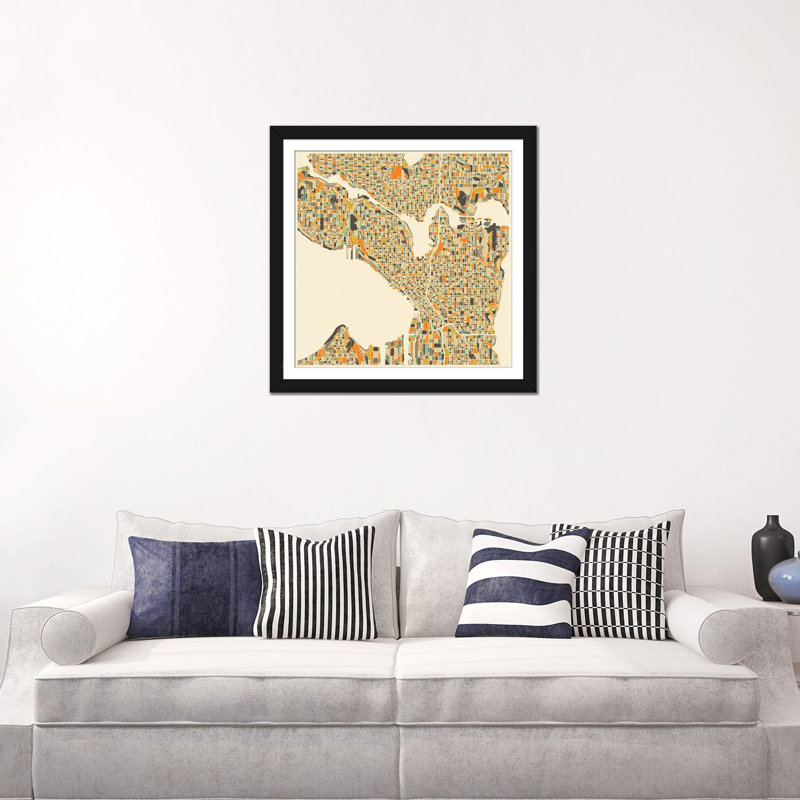 «Abstract City Map of Seattle», impression sur toile tendue, H 24 po x l 24 po x P 1 po, Papier avec cadre noir, Blanc