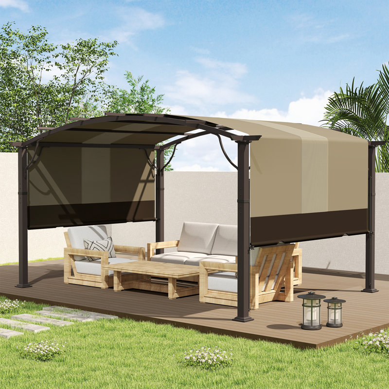 Aluminum Outdoor Pergola with Slightly Arched Canopy and Retractable Shade, Brown, 13.15 ft x 9.1 ft