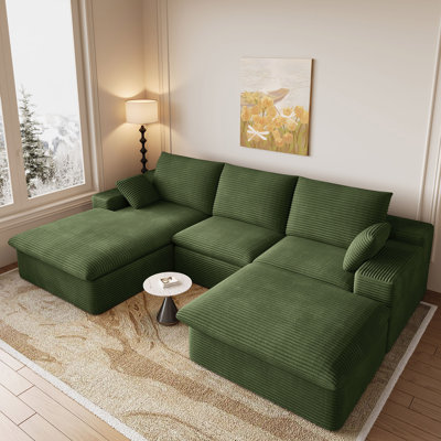 Canapé modulaire confortable en velours côtelé de 107 po avec méridienne en forme de U et sans repose-pieds - aucun assemblage requis! Canapé modulaire rembourré à assise profonde pour le salon, tissu en velours côtelé moelleux (brun clair)