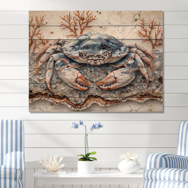 Aquarium bleu et blanc avec grand crabe II - Art mural en bois de crabe - sur bois de pin naturel