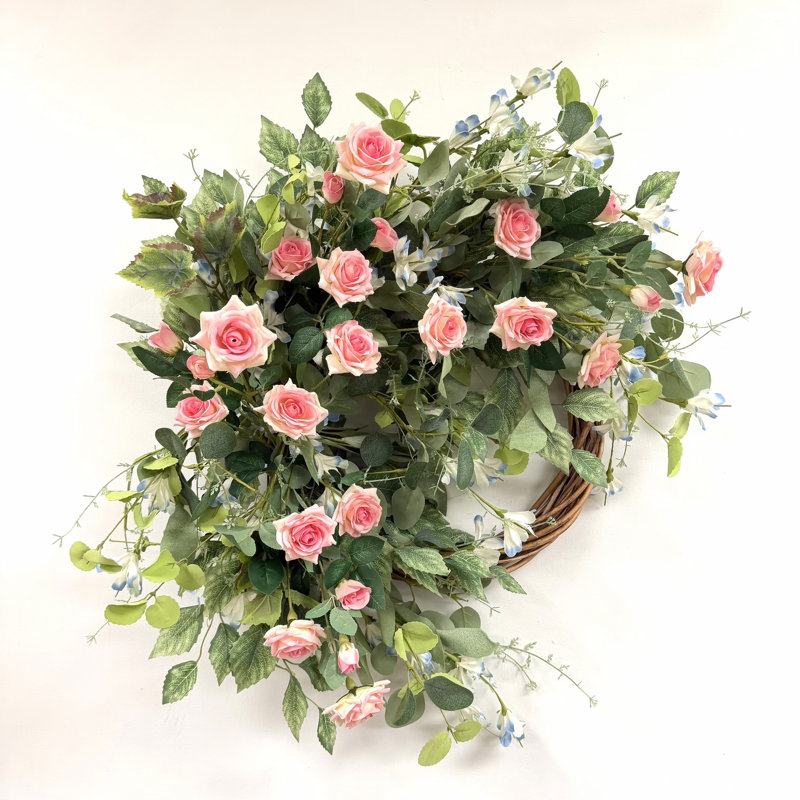 Couronne de fleurs artificielle 24 po avec demi-anneau printemps et été mélangé avec feuillage de roses pour porte d'entrée