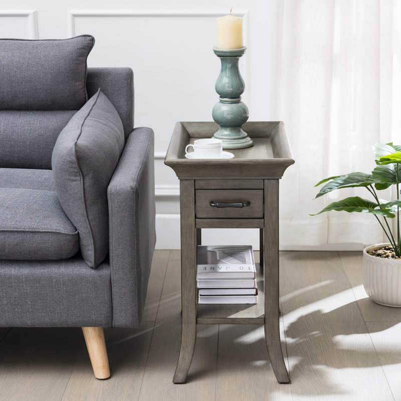 Solid + Manufactured Wood Traditional Tray Edge End Table, Smoke Gray-Wash