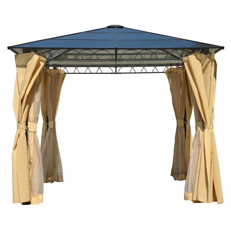 Pavillon de jardin d'extérieur à toit rigide 10 pi x 10 pi avec toit en polycarbonate, moustiquaire et écrans d'intimité