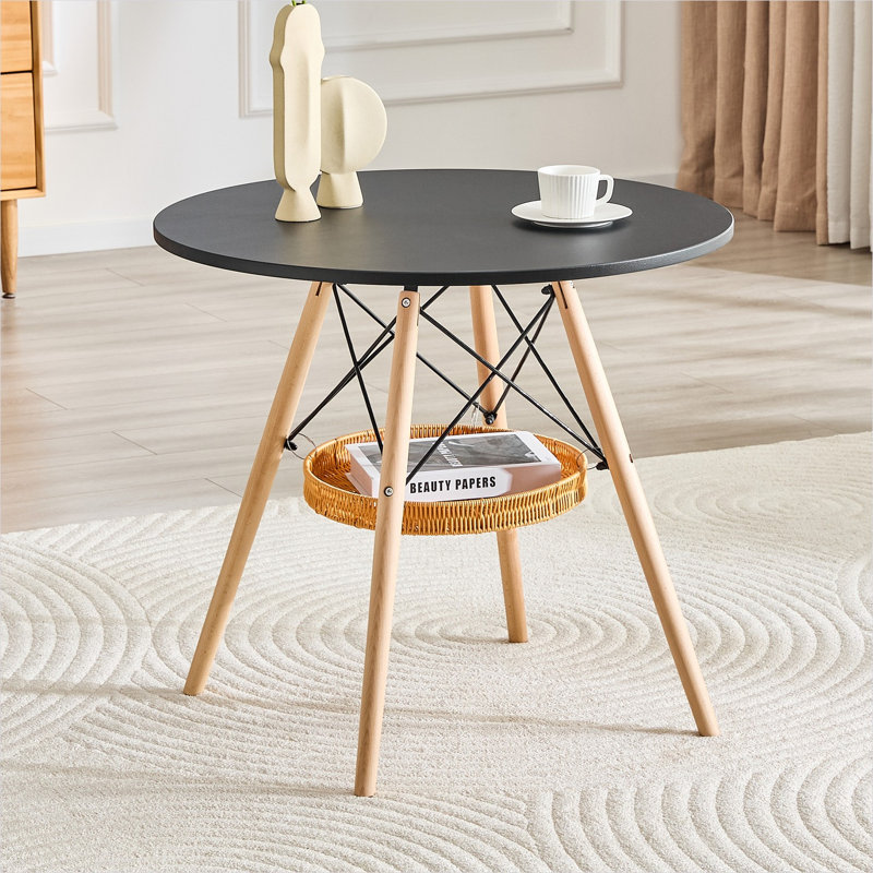 Table de salle à manger ronde avec panier de rangement sous la table, plateau en panneau de fibres à densité moyenne noir profond de 31,5 po, pieds en bois massif, pour 2 à 4 personnes