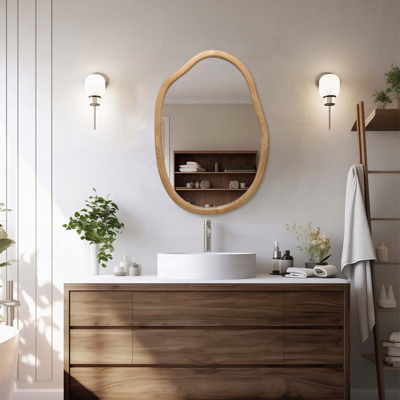 Miroir mural irrégulier asymétrique - 32 po x 22 po, cadre en bois ondulé