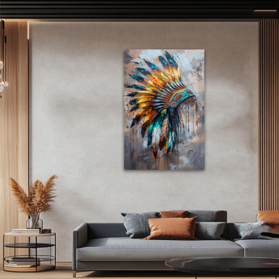 Large Adric Chief Feather Headdress Painting Prints Poster Framed Canvas Art Western Wall Decor for Living Room Bedroom Home Office Ready to Hang, 24×32 Inches