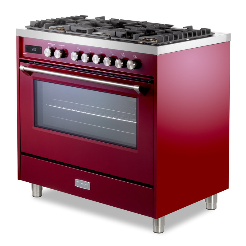 Verona Ultima 36" 5 Burner Single Dual Fuel Range, Burgundy