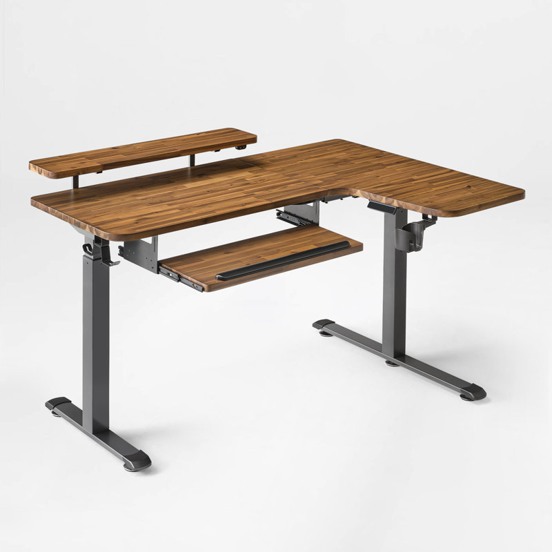 Bureau en bois massif moderne à hauteur réglable en L en bois massif, Retour à droite, Dark Acacia Wood/Black