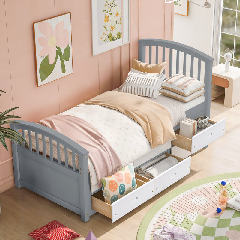 Lit plateforme simple en bois massif avec 6 tiroirs, gris et blanc