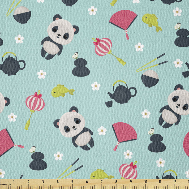 Deontee Panda Bears Koi Fishes Chopsticks Tea and Ricebowl Multi-Purpose Fabric