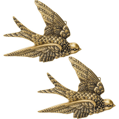 2 pièces de sculpture murale d'oiseau rétro 6,7 pouces Antique 3D sculpté oiseau suspendu résine Art mural or laiton flottant ornement pour le salon de jardin en plein air, cadeaux de Saint-Valentin pour les couples