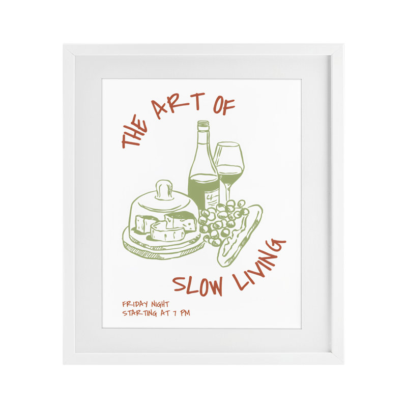 «Slow Living Wine & Cheese», impression sous verre encadrée, design par The Prints Vibe, 21 x 17