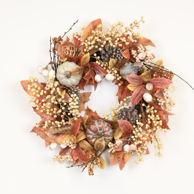 24" Artificial Autumn Leaves Pinecones Blossom Cluster Berry Frosted Pumpkins Fall Thanksgiving Day Wreath For Front Door Porch Harvest Festival Decor