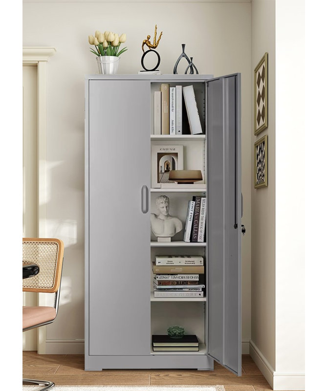 Cordova 71" Modern Filing Cabinet With Locking Doors And 4 Adjustable Shelves, Durable Cold-Rolled Steel Construction, Grey