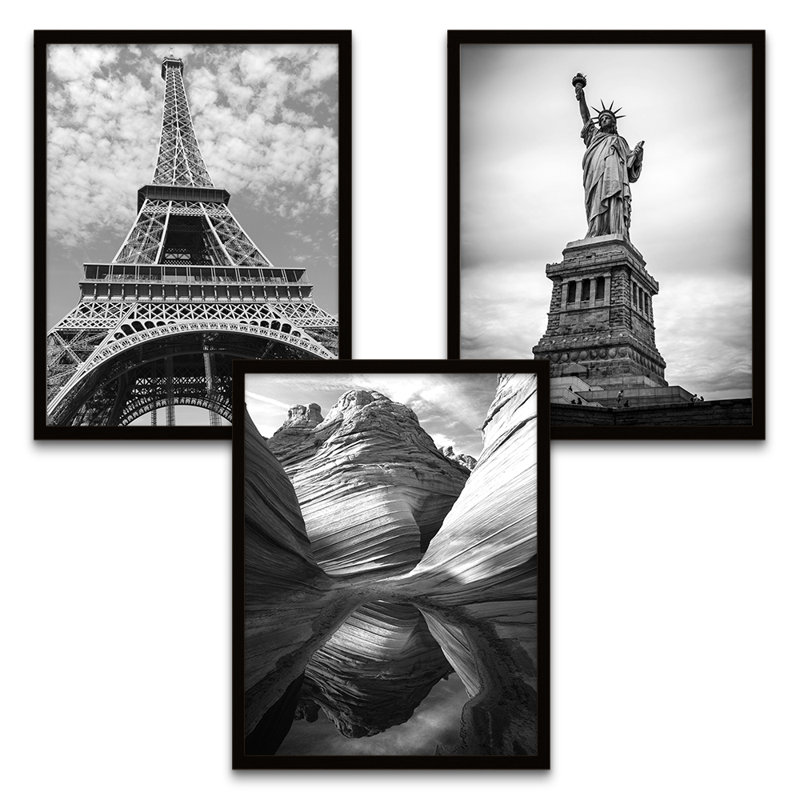 Eiffel Tower Statue Liberty World - 3 Piece Print Set