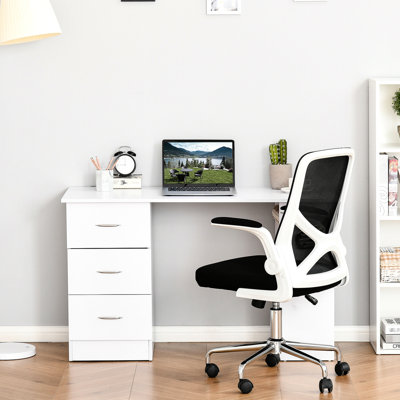 Bureau 47 po avec 3 tiroirs et tablette de rangement, mobilier de bureau moderne blanc, poste de travail pour 3 tablettes et rangement, table d'écriture maison, bureau, chambre à coucher, dortoir, robuste