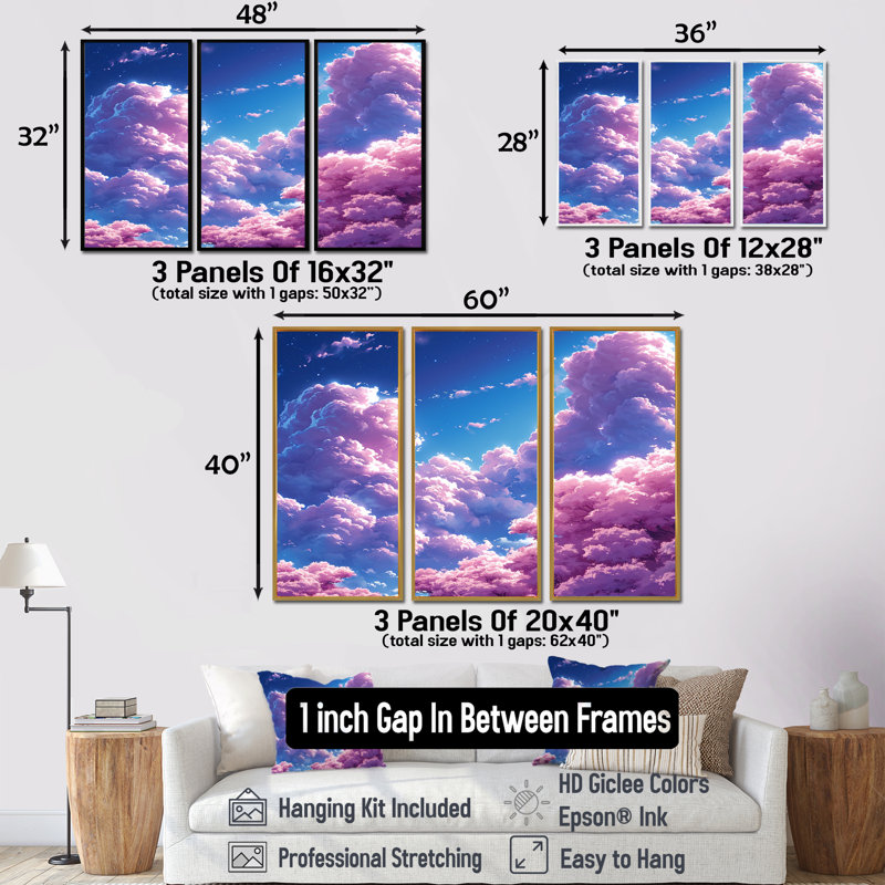 Ensemble de salon art mural nuage rose, Cadre flottant doré, H 40 po x l 60 po x P 1 po