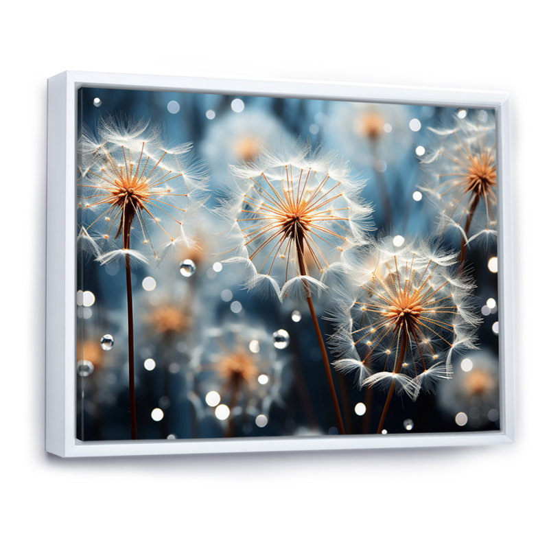 " White Teal Dandelion Symphony III ", 16" H x 32" W x 1" D, White Floater Framed