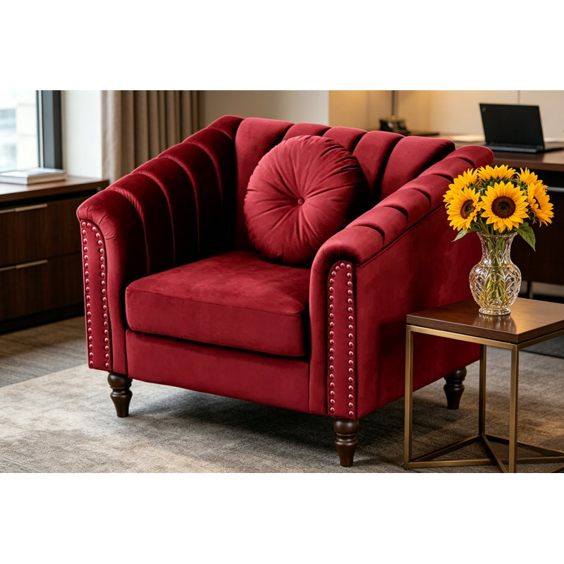Tufted Flannel Accent Chair 37" Wide Nailhead Rivet Decor Metal Feet Solid Wood Frame , Red Linen Blend