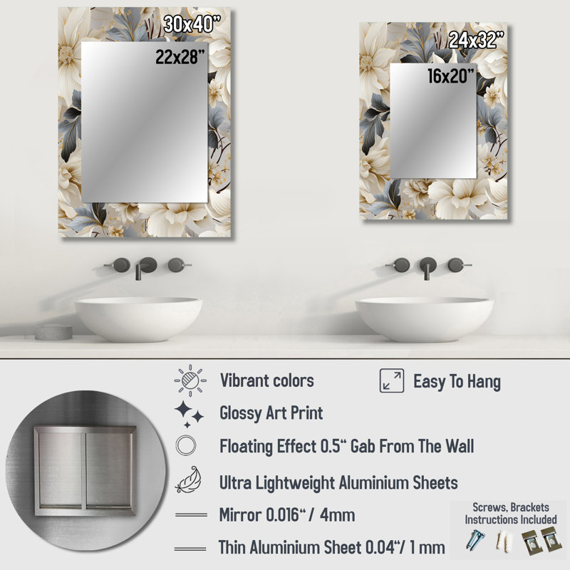 Huber Urban Victorian Splendor Victorian Pattern - Floral Unique Wall Mirror, Floral Mirror, Printed Metal Art, 40" x 30"