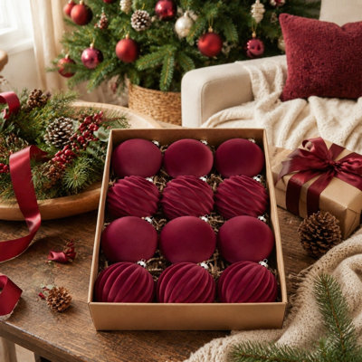 Ensemble de 12 décorations d'arbre de Noël en velours, ensemble de décorations de Noël 3,14 po, boules de Noël floquées incassables