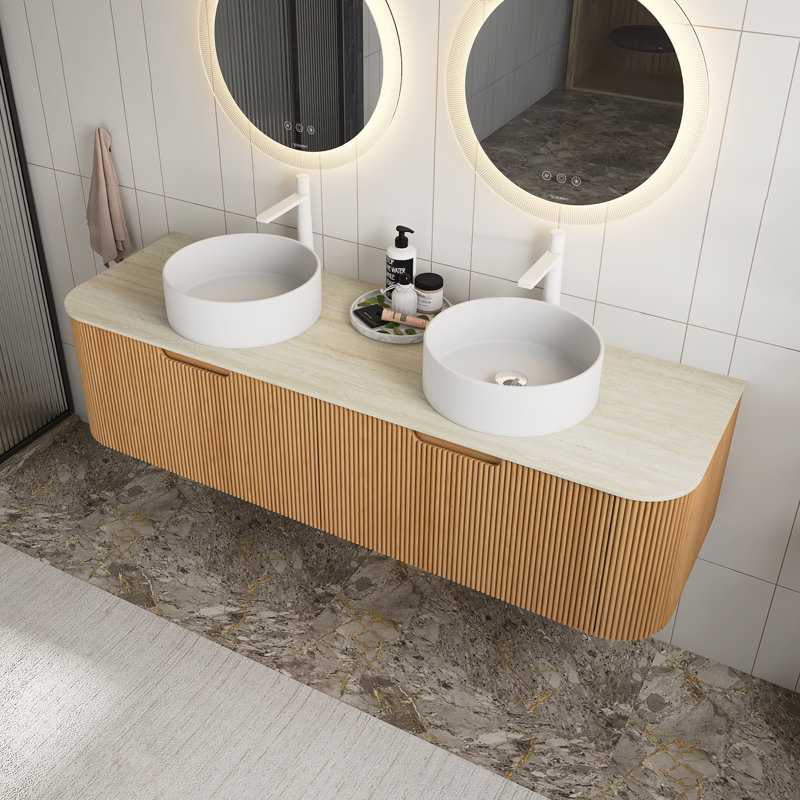 Meuble-lavabo de salle de bain, meuble-lavabo rayé à bords arrondis flottants avec 2 tiroirs, 2 lavabos ronds en céramique et plateau en pierre frittée à motif de travertin, pré-assemblé