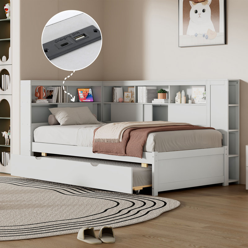 Wood Daybed With Storage Shelves, White