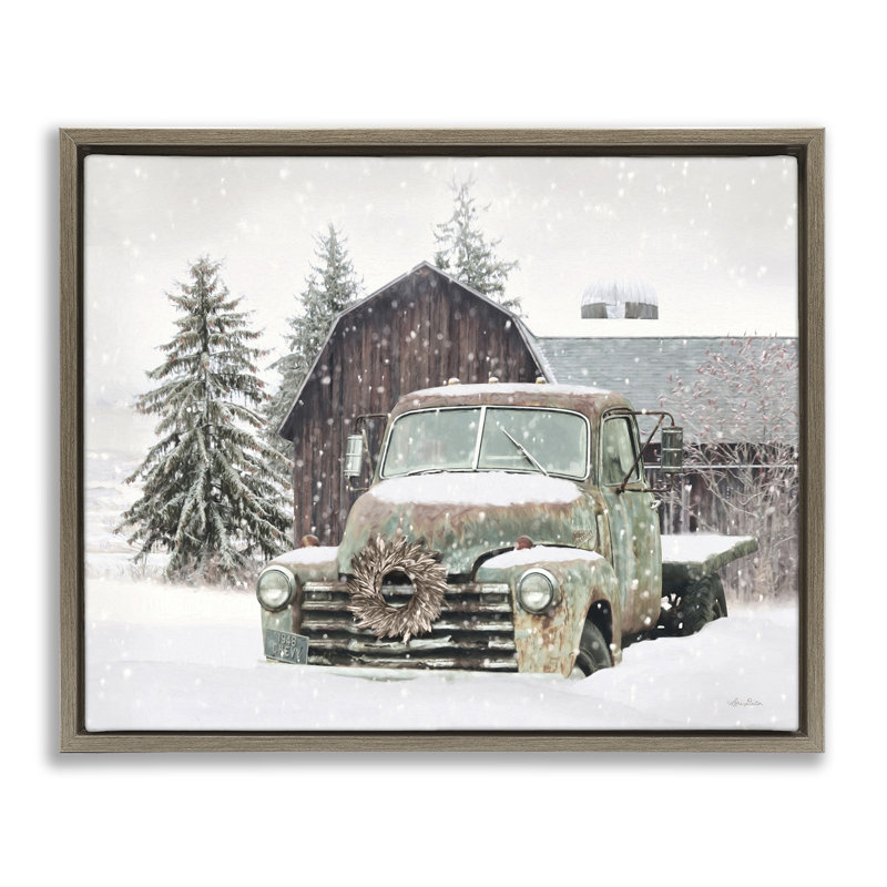 Camion et grange d'hiver rustique, H 17 po x l 21 po, Cadre flottant orme Montalcino