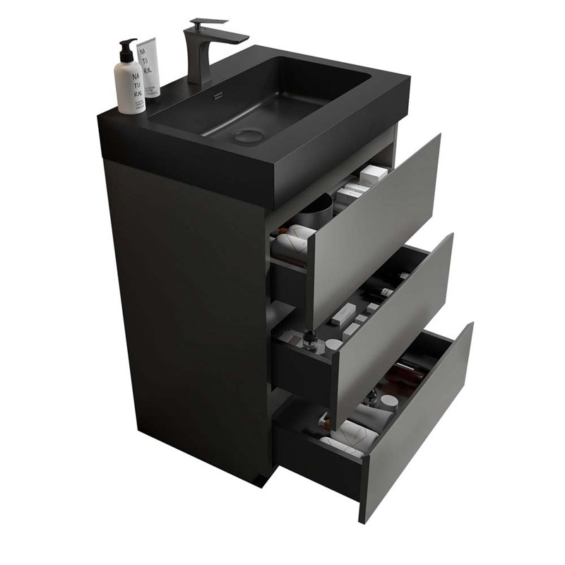 24'' Single Bathroom Vanity with Ceramic Top, Black/Gray