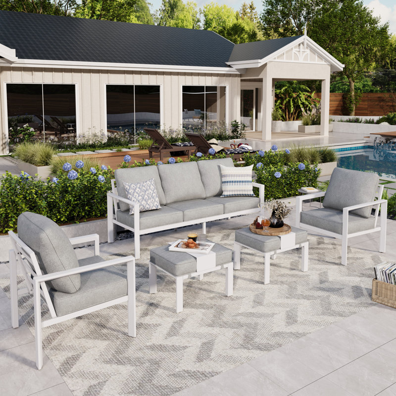 Romio Aluminum Sofa Seating Group with Cushions and Fire Pit, No