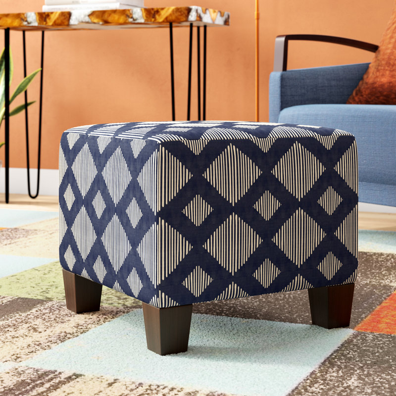 Fernando Upholstered Ottoman, Line Lattice Indigo