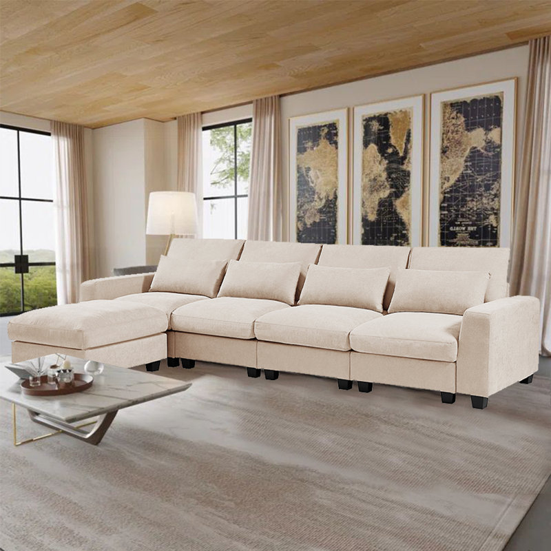 Canapé modulaire réversible de 129 po en lin et chaise longue avec repose-pieds, 100 % lin beige