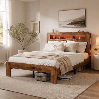 King Size Metal and Wood Platform Bed Frame with LED Lights and Charging Station, Dark Brown