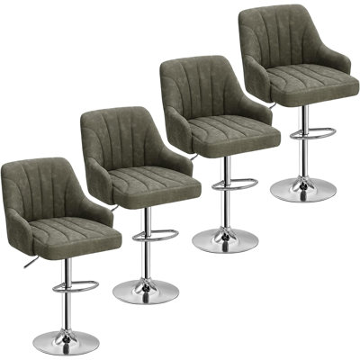 Set of 4 Bar Stools Adjustable Swivel Faux Leather Bar Chairs, Upholstered Counter Height with High Backrest Stool for Kitchen Island, Gray