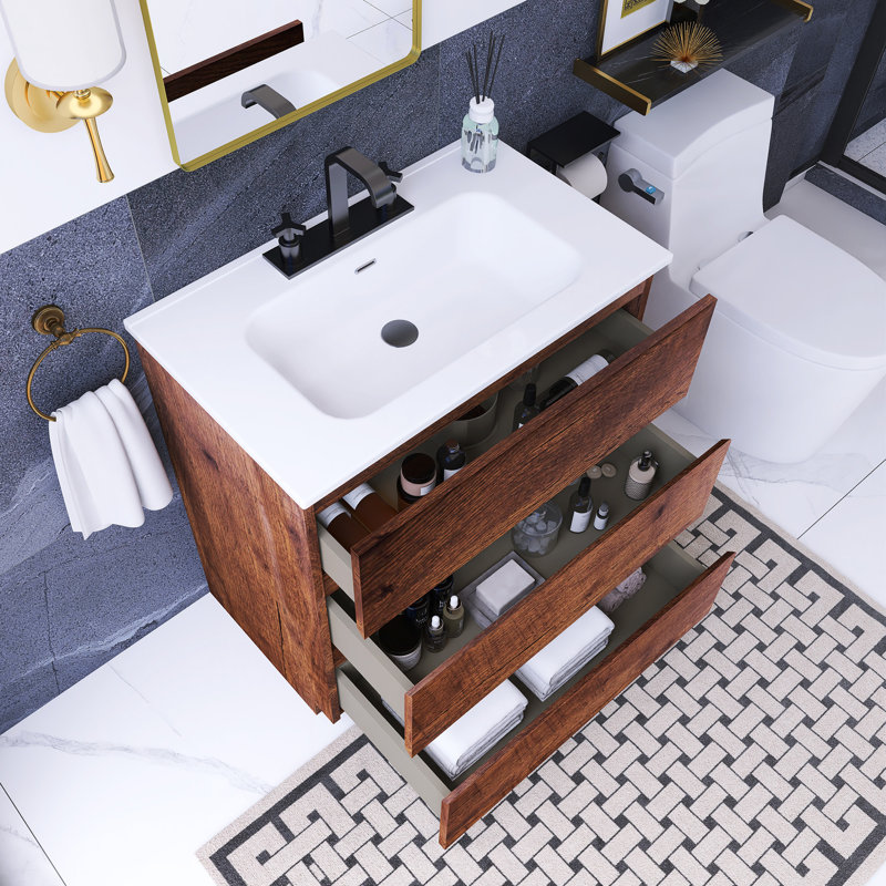 30 po W Meuble-lavabo simple avec lavabo et 3 trous de robinet, Noyer